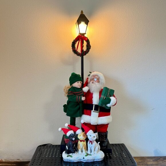 1993 Vintage Santa Lighted Lamp Post Christmas 36" Tall With Cats Music Box - Picture 3 of 17